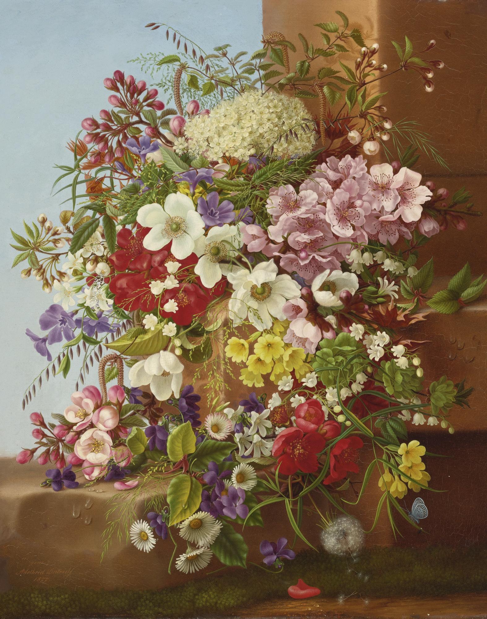 Adelheid Dietrich - German A Bounty Of Flowers On A Stone Ledge