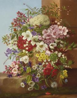 Adelheid Dietrich - German A Bounty Of Flowers On A Stone Ledge