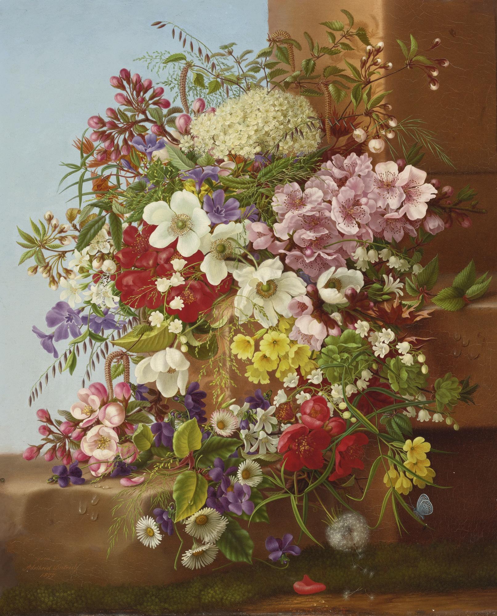 Adelheid Dietrich - German a Bounty Of Flowers On A Stone Ledge