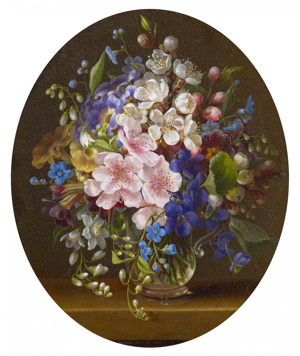 Adelheid Dietrich - Stillleben mit einem Strauß Blumen und einem Kirschzweig.