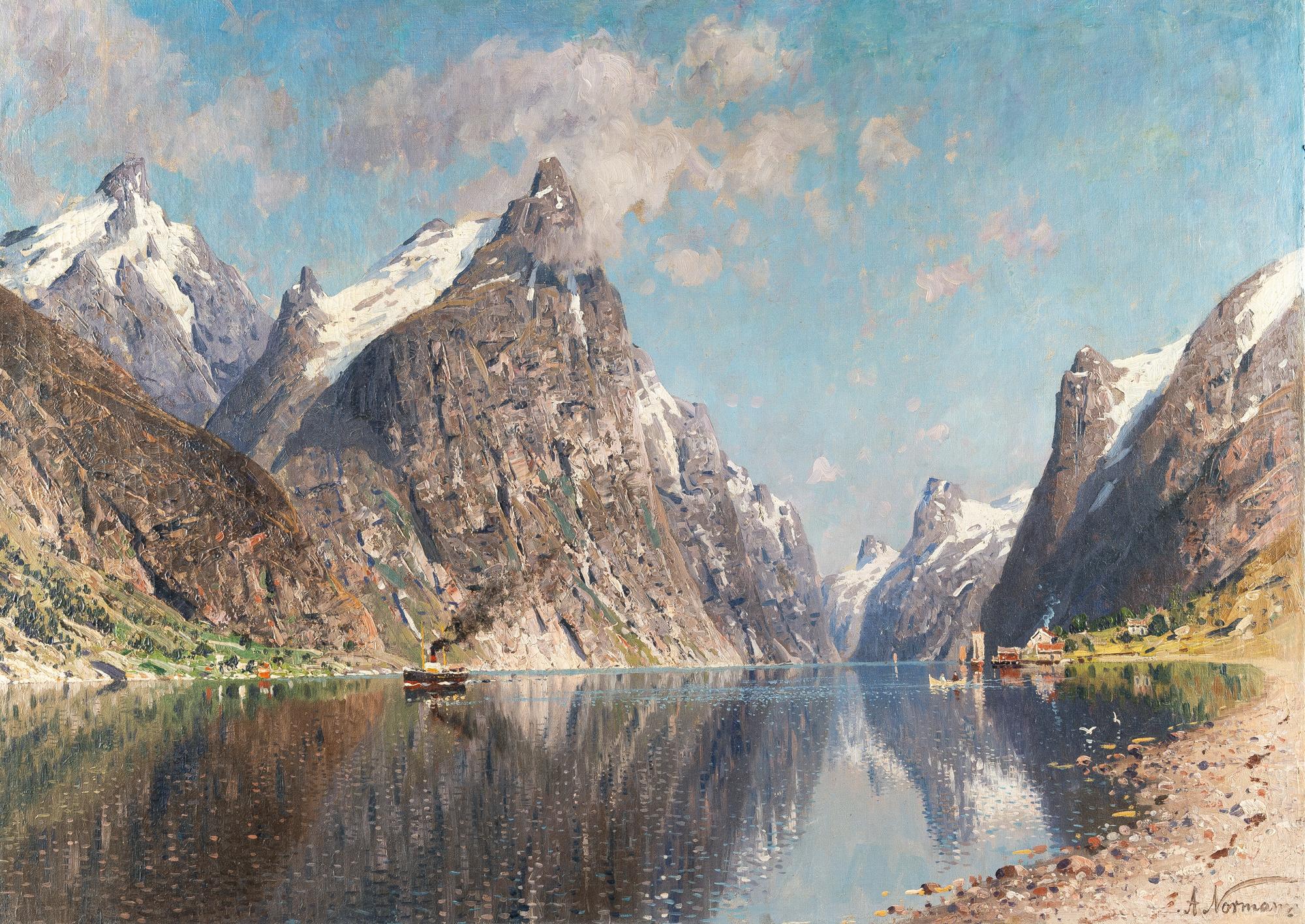 Adelsteen Normann - Norwegische Fjordlandschaft mit Dampfschiff