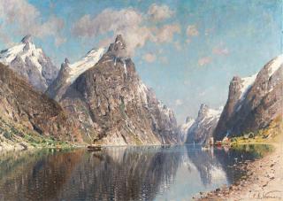 Adelsteen Normann - Norwegische Fjordlandschaft mit Dampfschiff