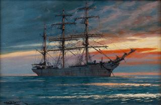 Adolf Bock - A Sailing Ship In The Sunset.