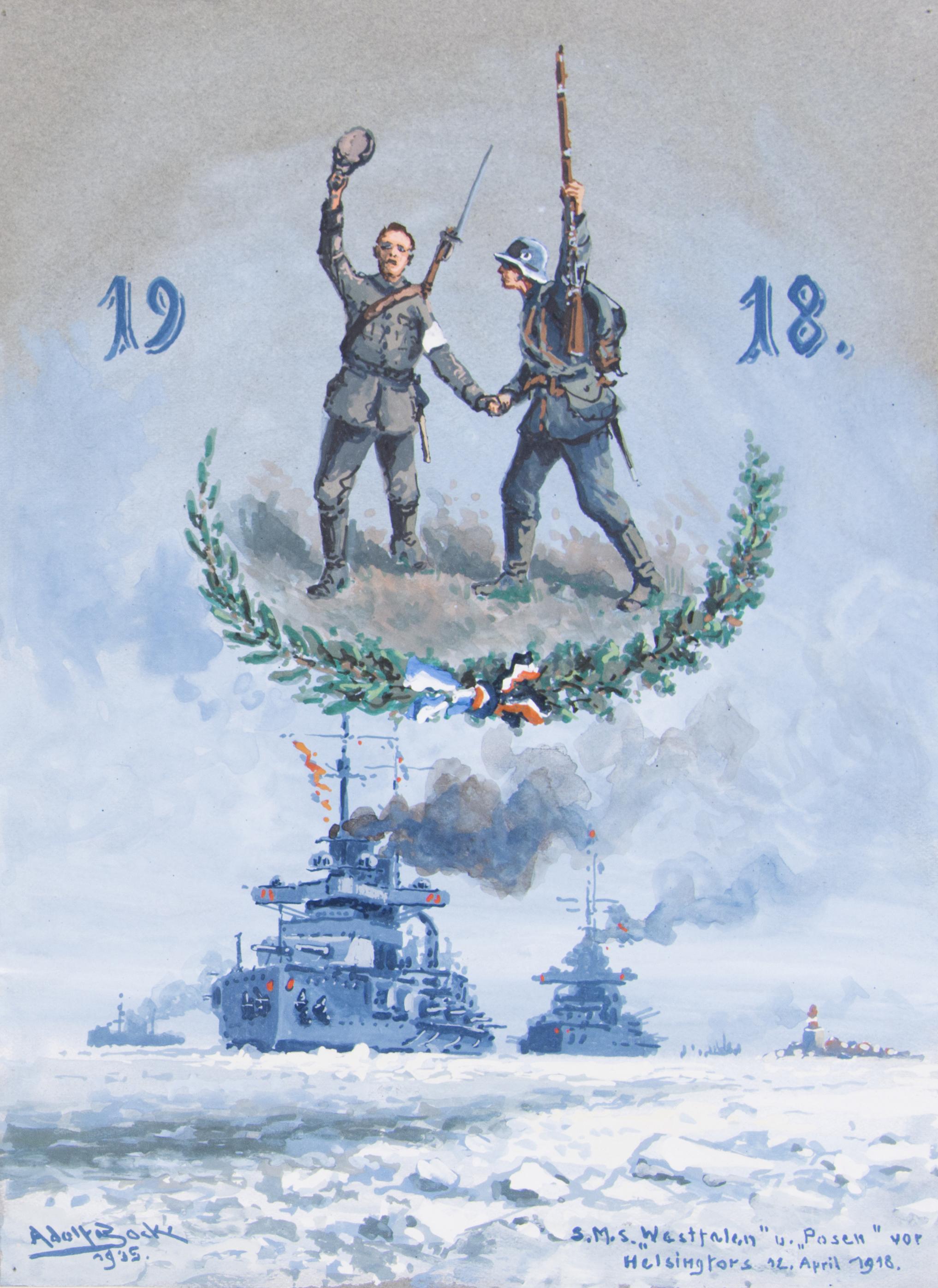 Adolf Bock - SMS Westfalen And Posen Approaching Helsinki 12. April 1918\'