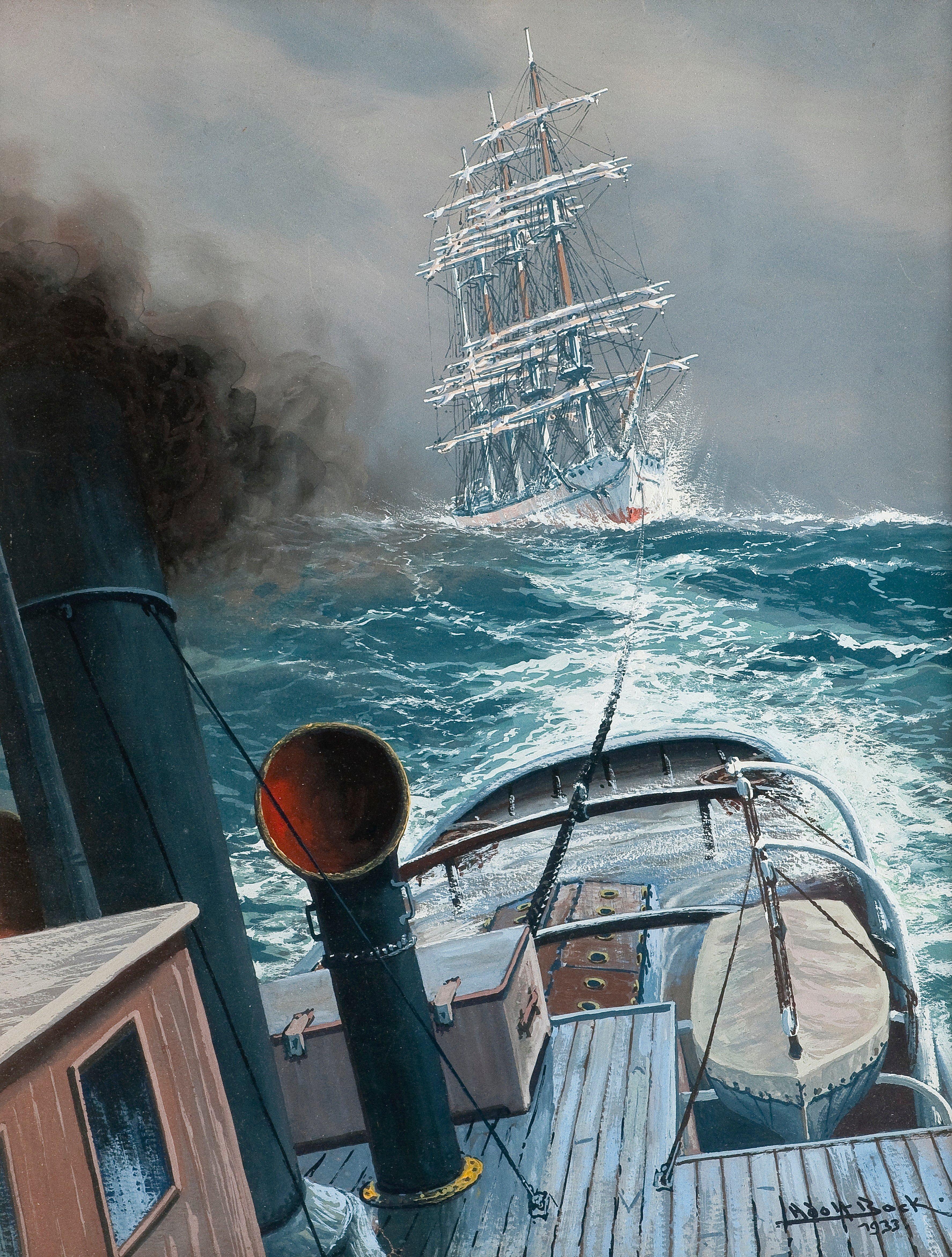 Adolf Bock - Towing On Stormy Sea.