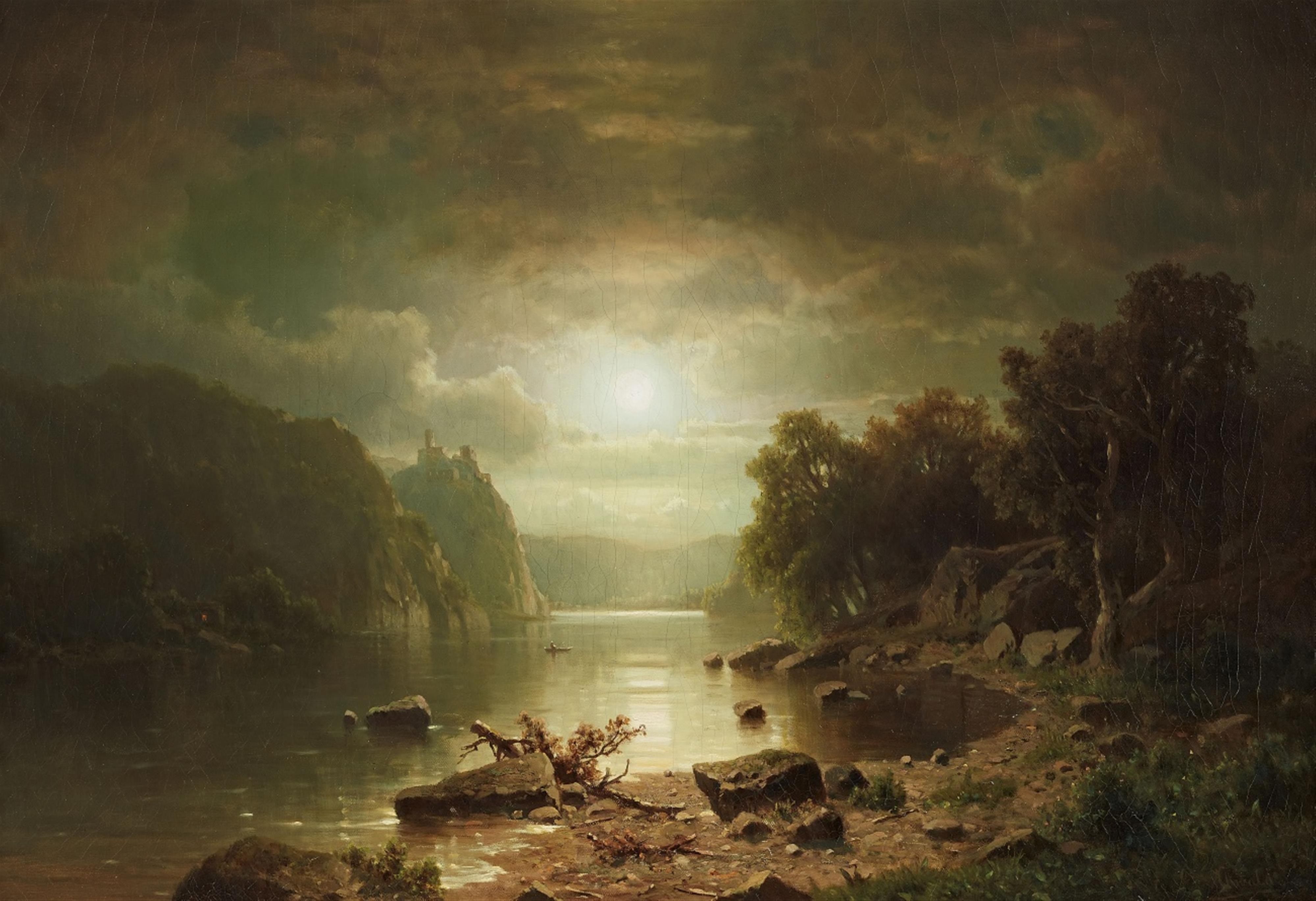 Adolf Chwala - Flusslandschaft mit Burg bei Mondschein