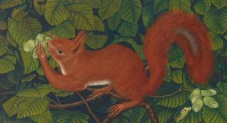 Adolf Dietrich - A squirrel and a caterpillar in a hazelnut tree