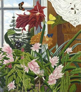 Adolf Dietrich - Blumen Am Fenster Mit Schmetterlingen, 1931