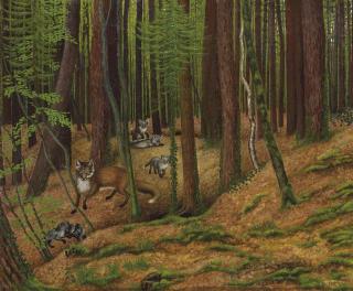 Adolf Dietrich - Fuchsfamilie im Wald, 1923