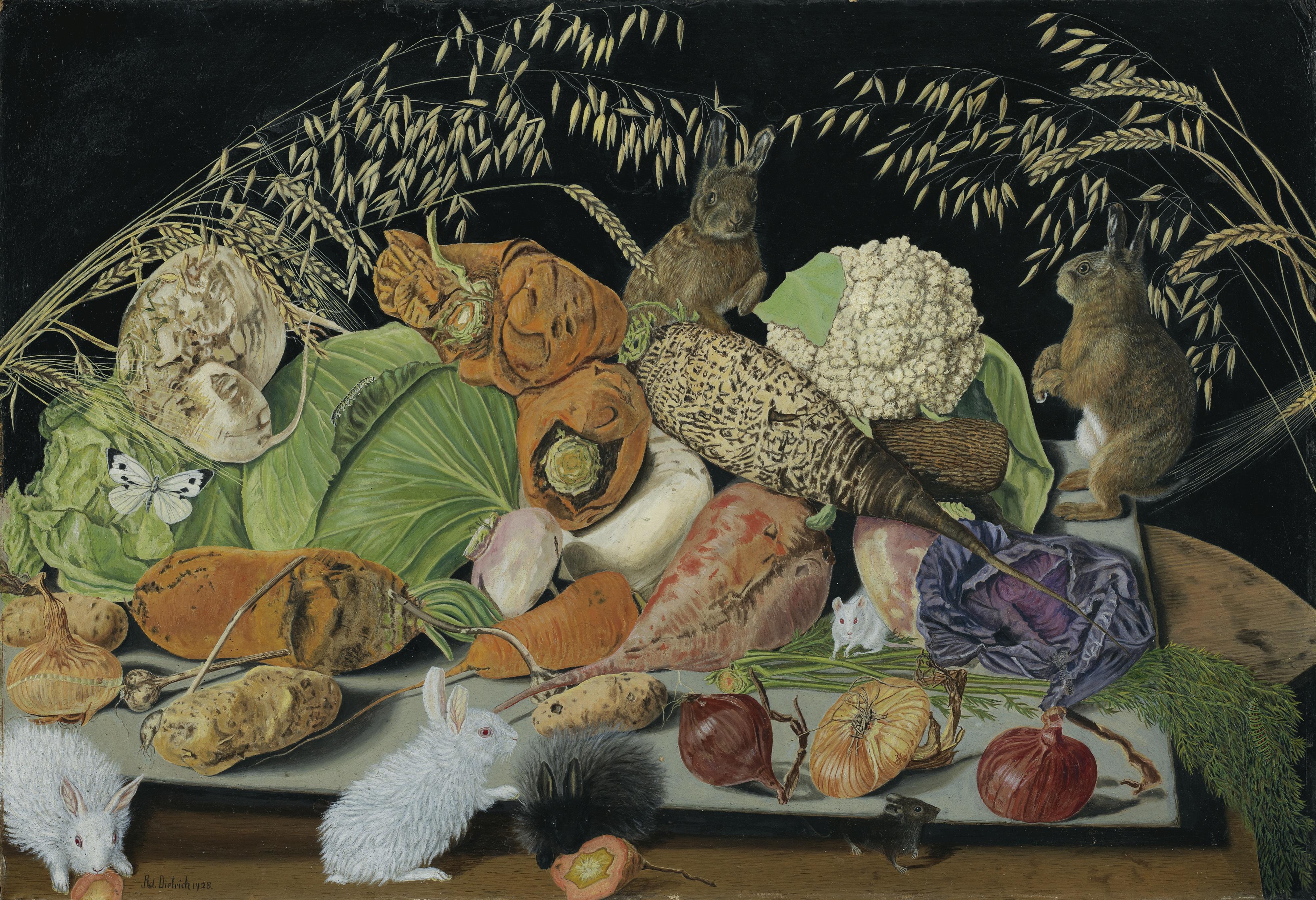 Adolf Dietrich - Gemüsestillleben Mit Mäusen Und Kaninchen, 1928 Still Life With Vegetables, Mice And Rabbits, 1928
