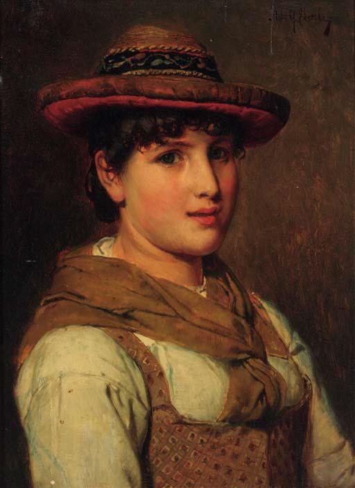 Adolf Eberle - A portrait of a young lady, half-length, wearing a hat