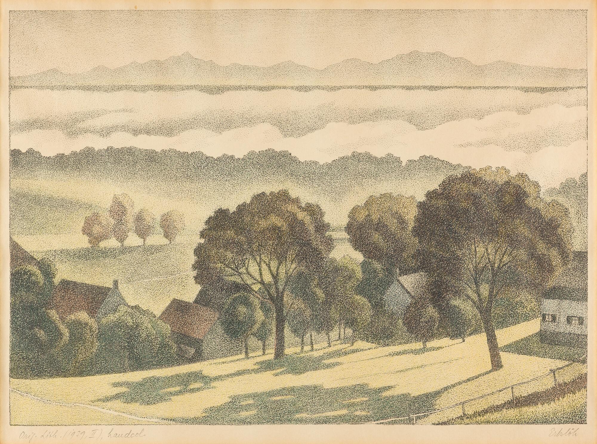 Adolf Erbslöh - Blick über das Isartal bei Nebel, im Hintergrund die Alpenkette.