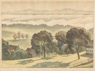 Adolf Erbslöh - Blick über das Isartal bei Nebel, im Hintergrund die Alpenkette.