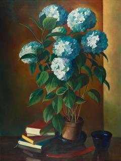 Adolf Erbslöh - Stillleben mit blauen Hortensien und Büchern.