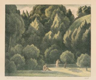 Adolf Erbslöh - Zwei Badende in einem Teich vor bewaldetem Hügel in Calenberg