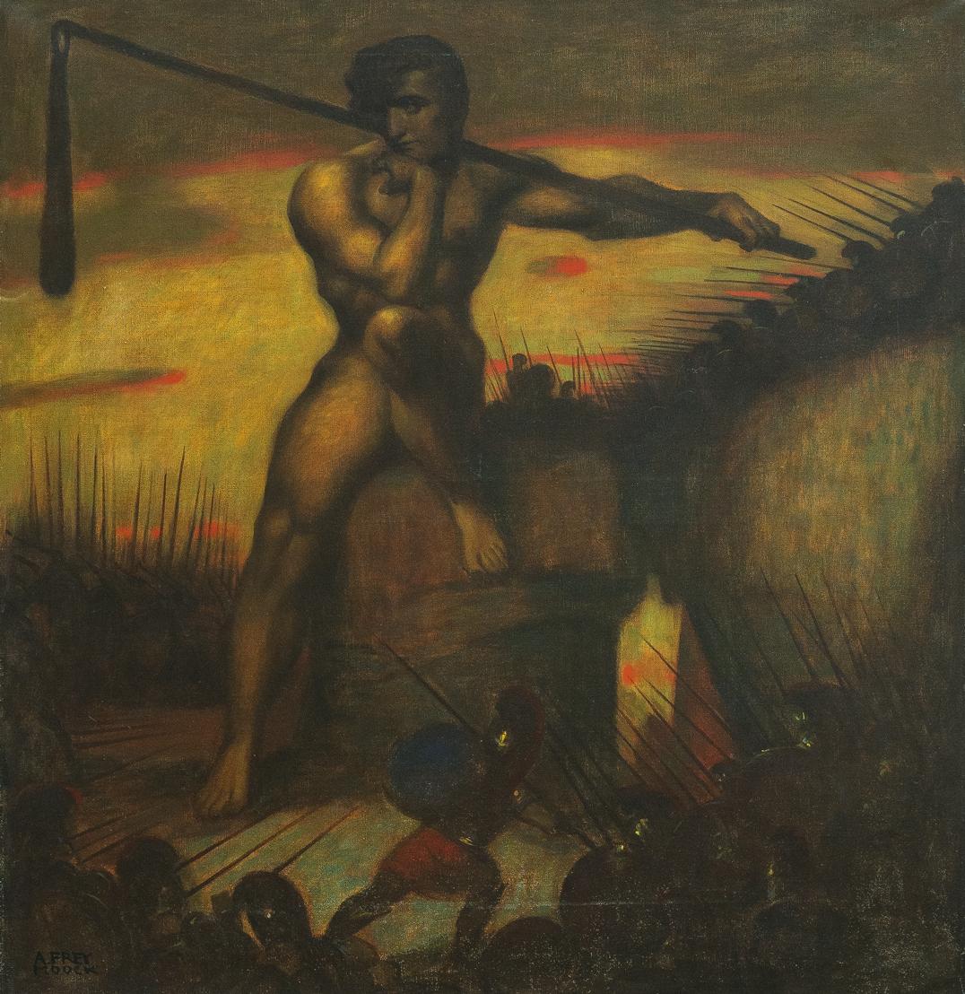 Adolf Frey-Moock - Riese mit Dreschflegel, umringt von großem Heer