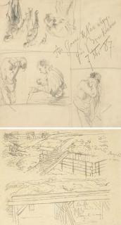 Adolf-Friedrich-Erdmann Von Menzel - Six études d\'homme s\'essuyant, se baissant et tenant un objet; et Un champ de bataille avec des canons et des constructions remplies de terre