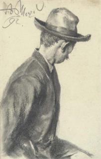 Adolf Friedrich Von Menzel - A seated man in a hat, half-length, turning away to the right