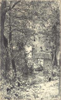 Adolf Friedrich Von Menzel - A washerwoman in a forest by a stream