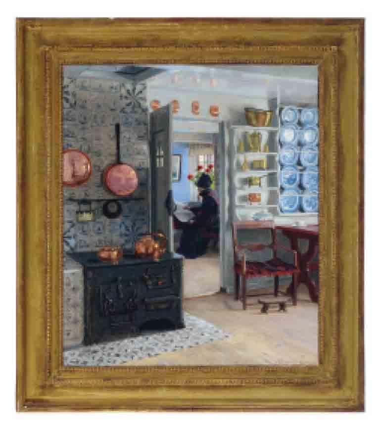 Adolf Heinrich Claus Hansen - Interior kitchen scene with a woman reading the paper