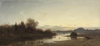 Adolf Heinrich Lier - Ducks on a lake at dusk