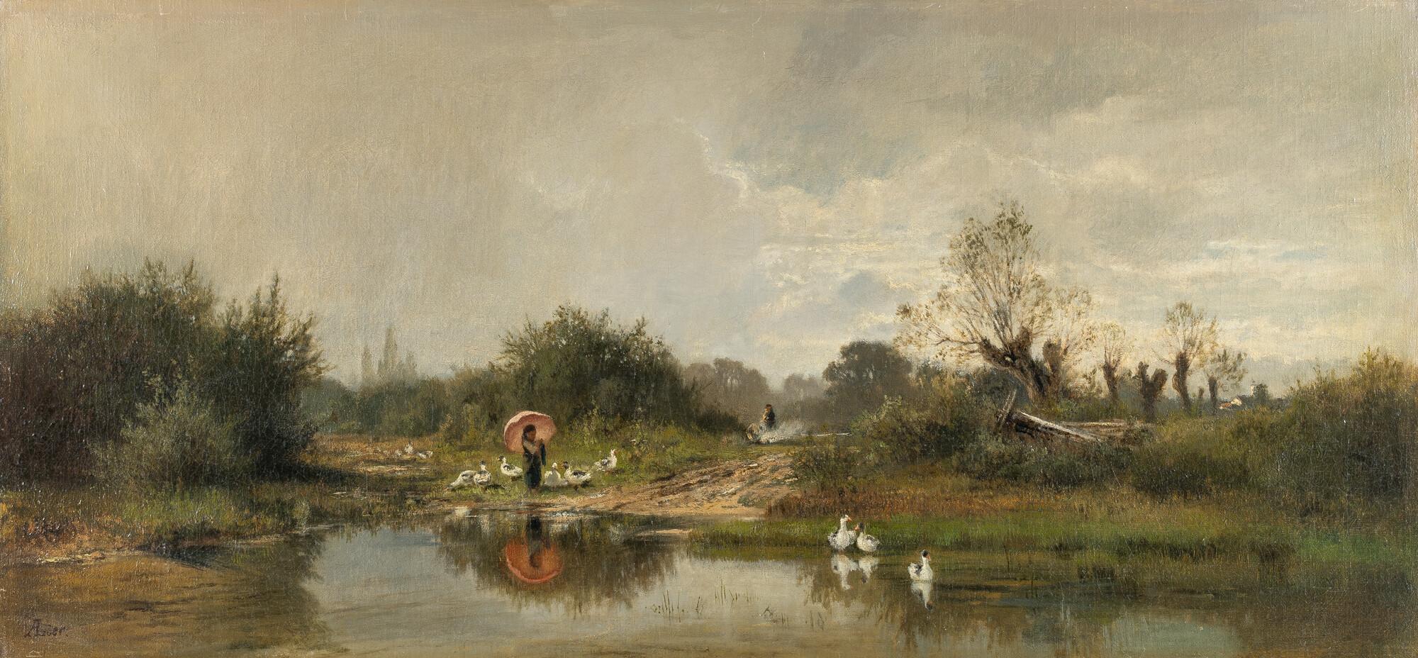 Adolf Heinrich Lier - Flusslandschaft mit Spaziergängerin und Gänsen am Weiher