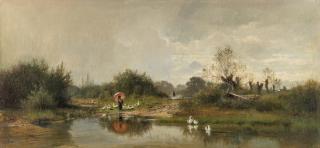 Adolf Heinrich Lier - Flusslandschaft mit Spaziergängerin und Gänsen am Weiher