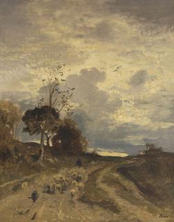Adolf Heinrich Lier - Herbstlandschaft am Abend mit heimkehrender Schafherde