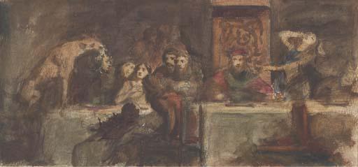 Adolf Hiremy-Hirschl - Une scène de banquet avec un roi et un félin tenant une tête dans sa gueule