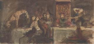 Adolf Hiremy-Hirschl - Une scène de banquet avec un roi et un félin tenant une tête dans sa gueule