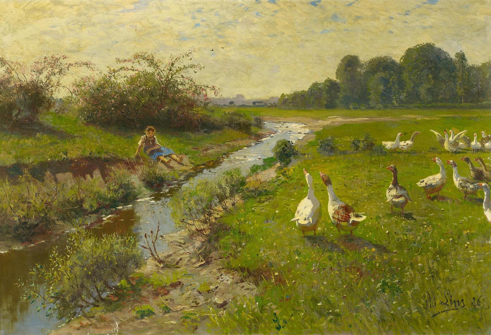 Adolf Lins - Gänse am Bach