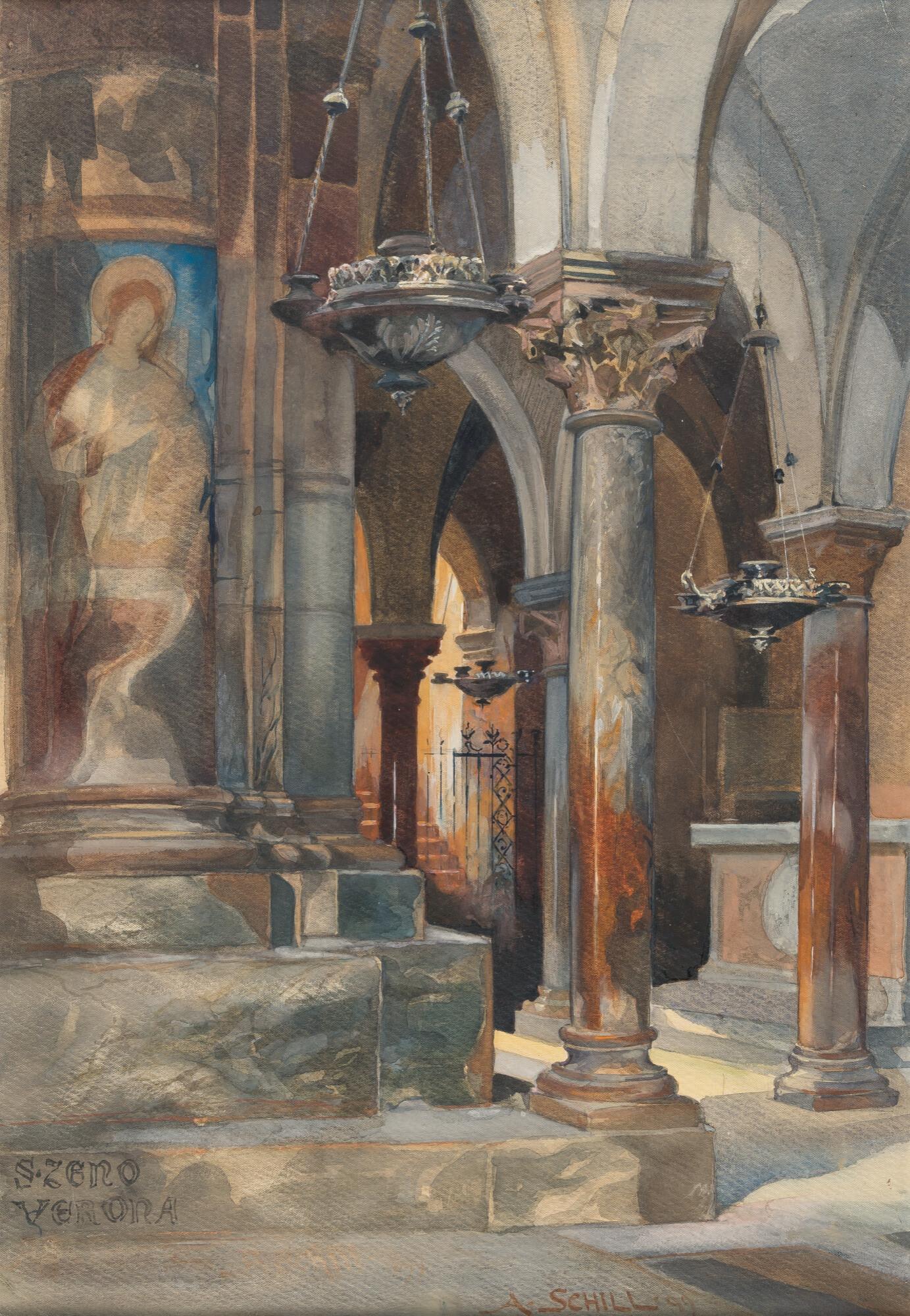 Adolf Schill - Blick in das Innere der Kirche San Zeno in Verona