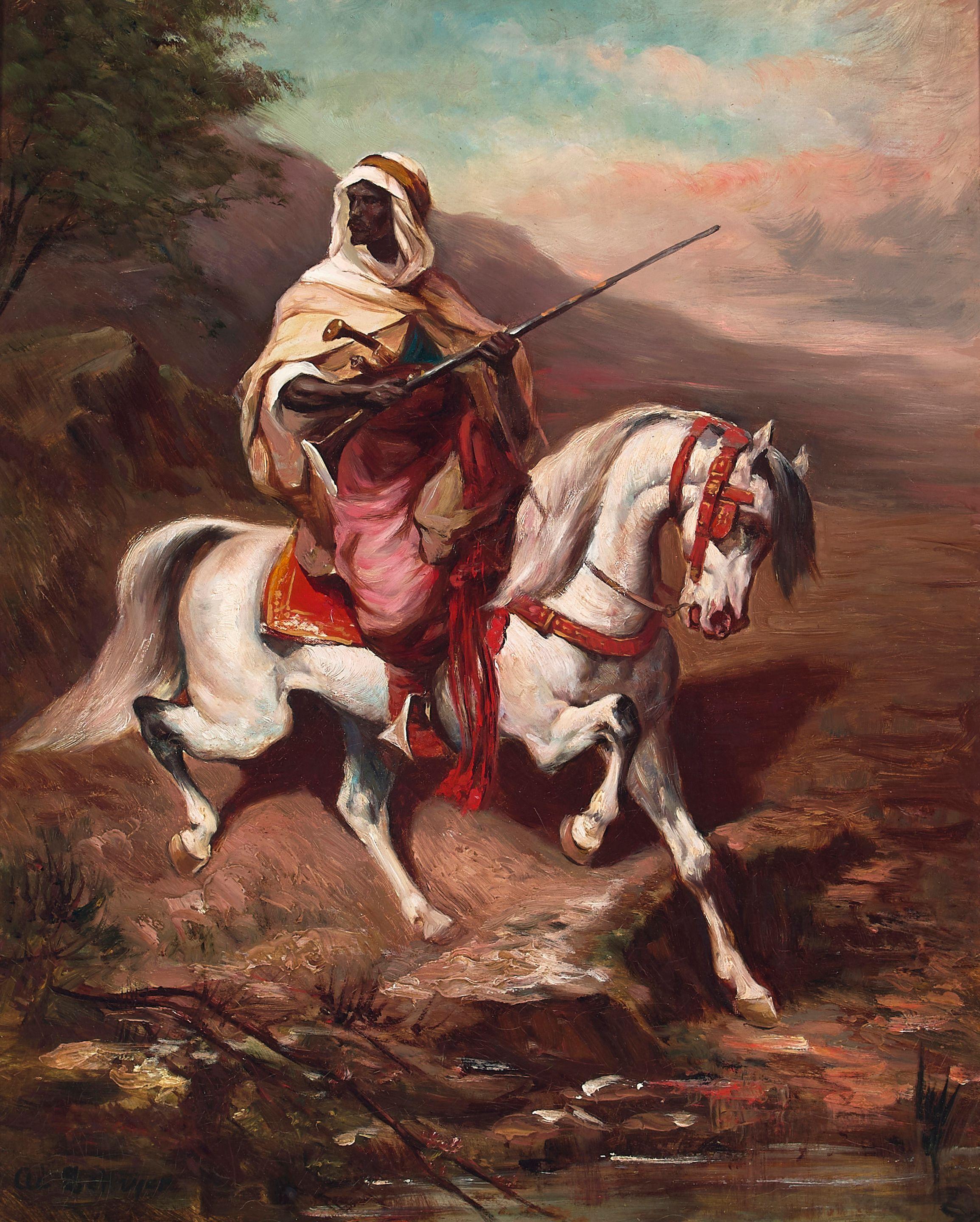 Adolf Schreyer - Bedouin on a white horse 20 x 16in (50.8 x 40.6cm)