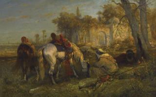 Adolf Schreyer - German two Reclining Arabs And Two Tethered Horses