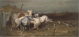 Adolf Schreyer - Horses startled by wolves