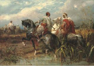 Adolf Schreyer - Two Arabs Fording A Stream