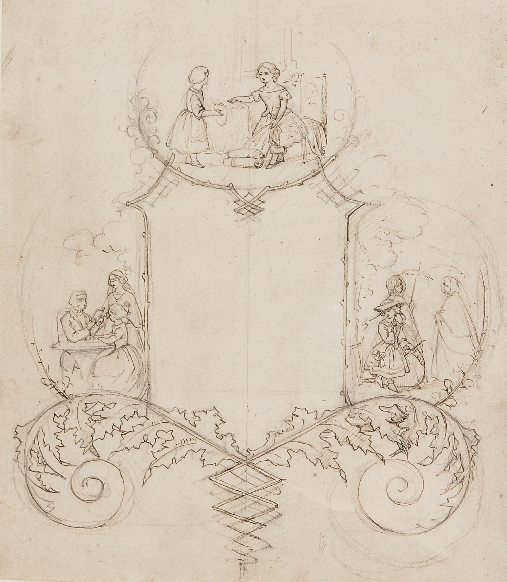 Adolf Schrödter - Illustrationsentwurf mit Szenen aus dem häuslichen Leben.