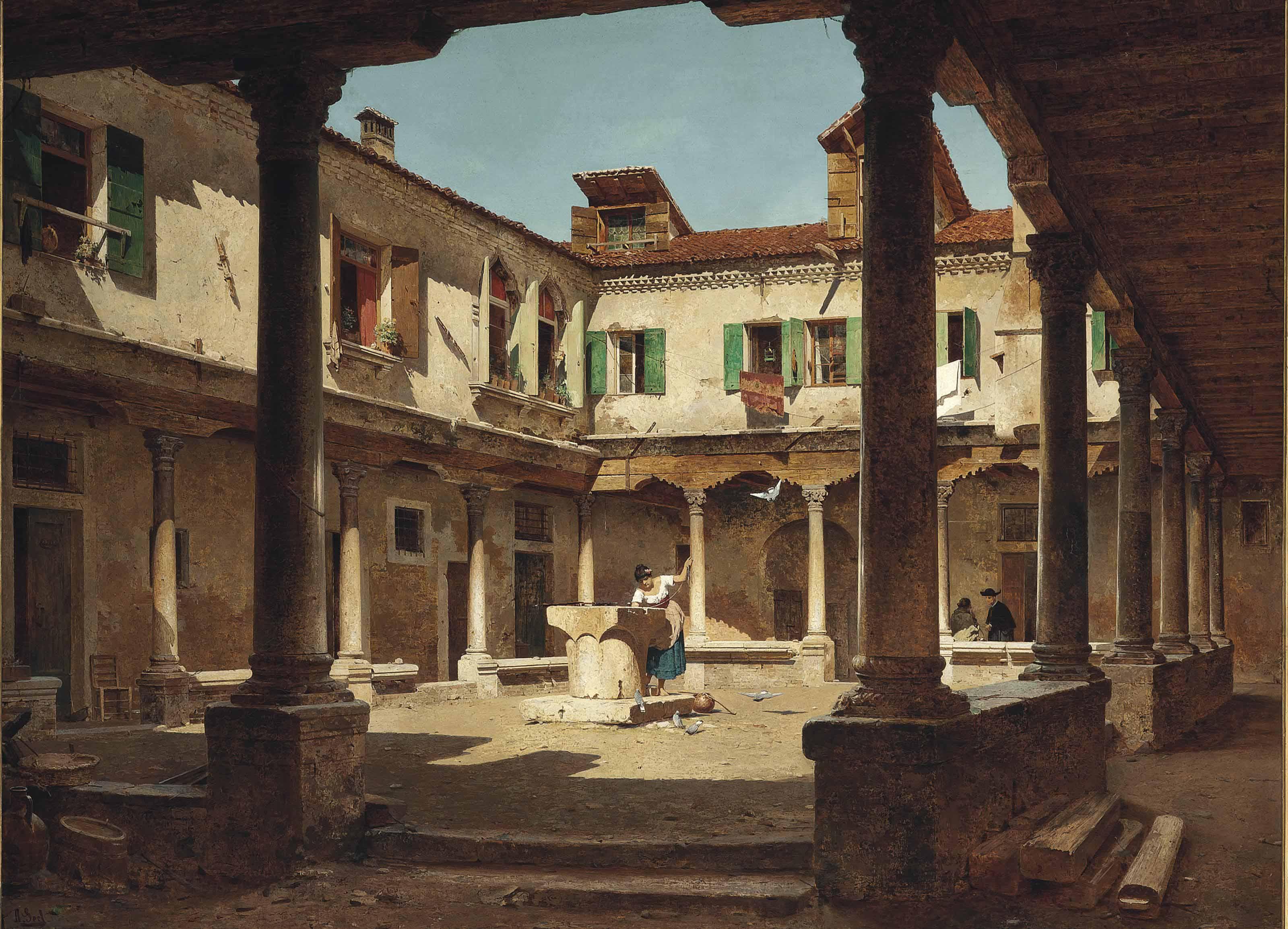 Adolf Seel - At a well in a sunlit courtyard
