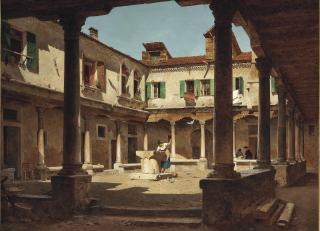 Adolf Seel - At a well in a sunlit courtyard