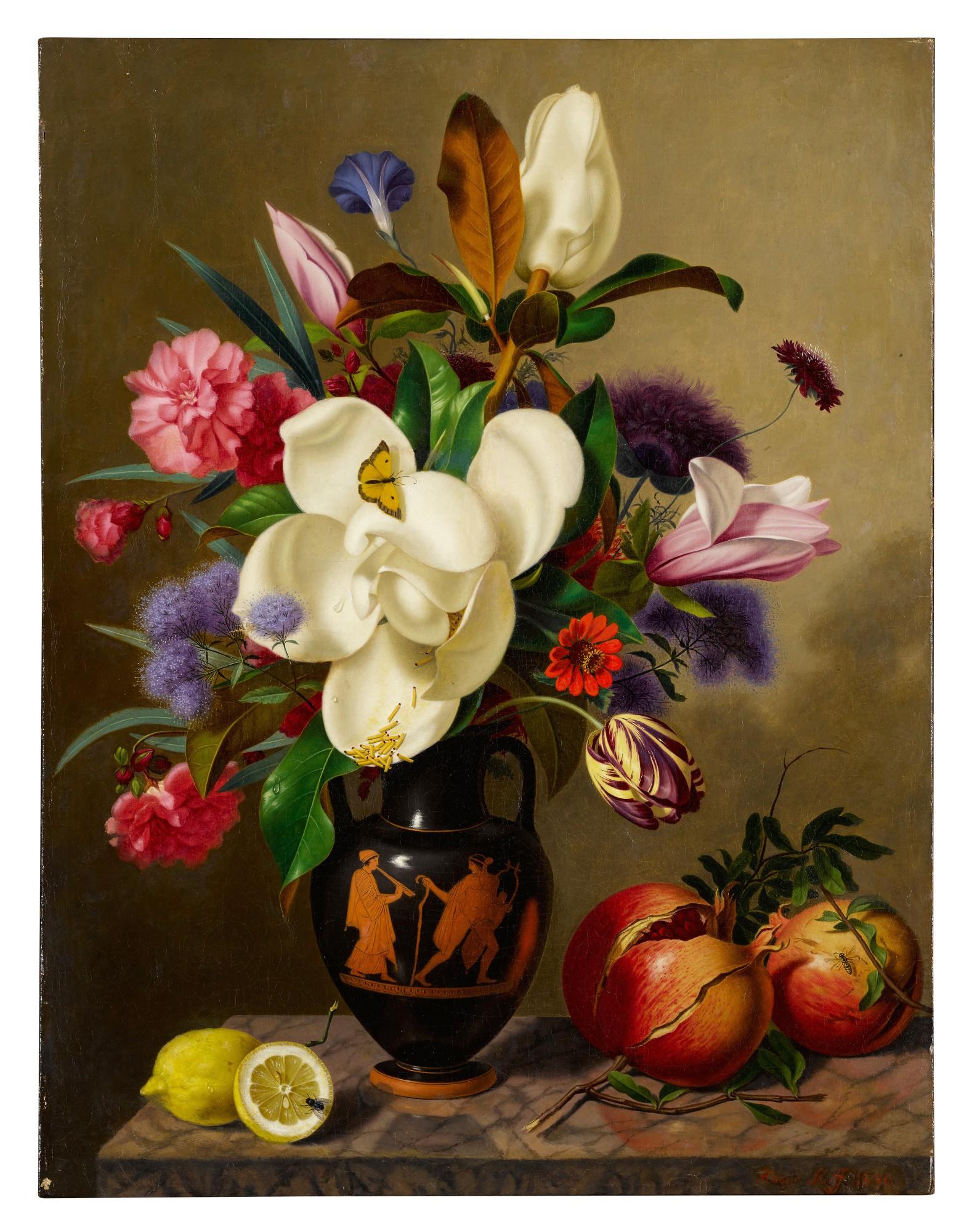 Adolf Senff - A bouquet of assorted flowers in an Athenian red-figure amphora