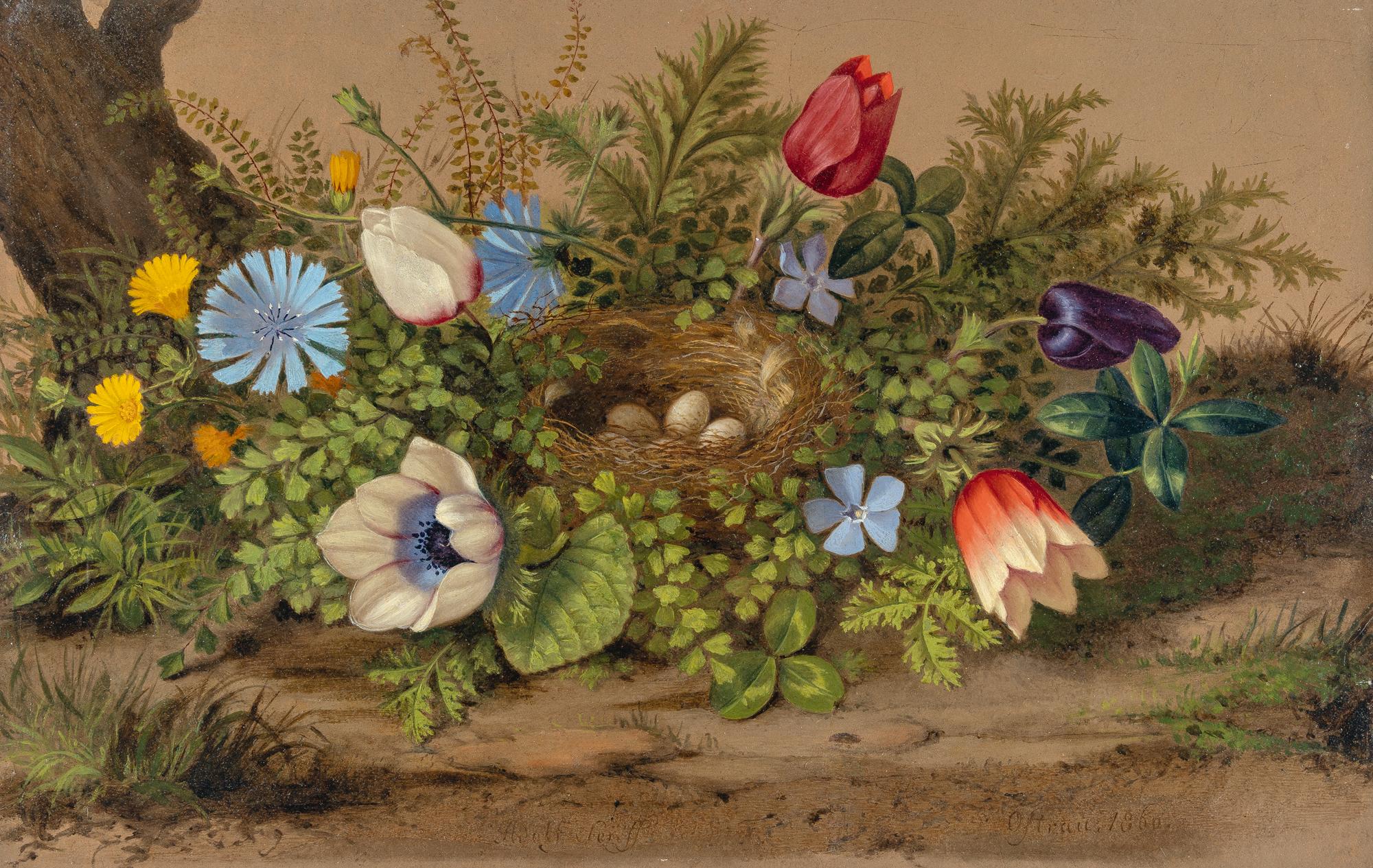 Adolf Senff - Blumengerahmtes Nest mit Eiern