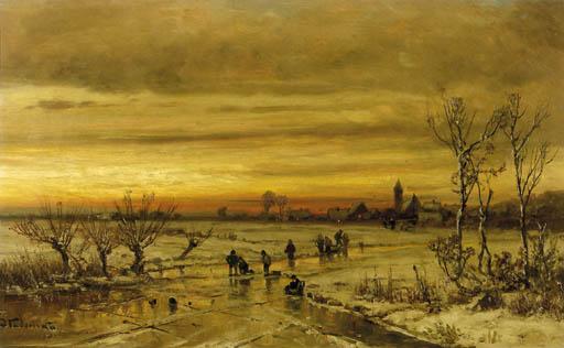Adolf Stademann - A village in winter at dusk, with skaters in the foreground