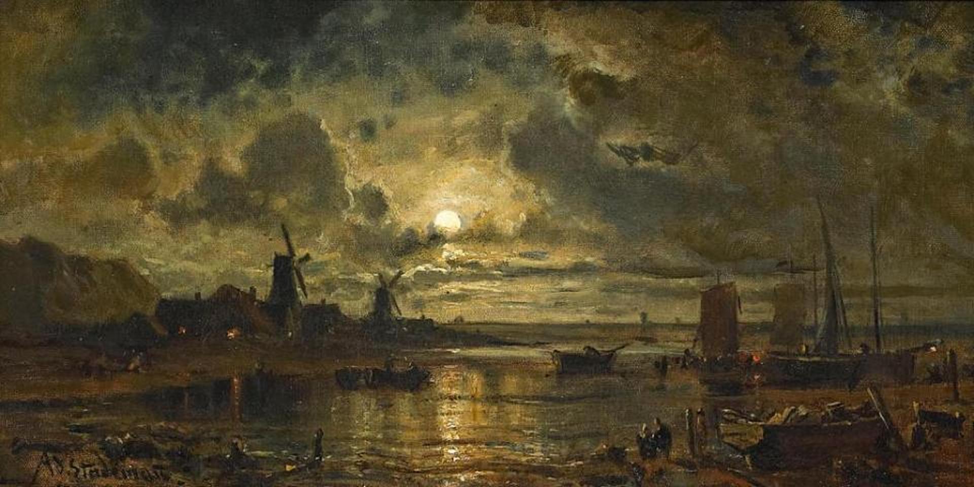 Adolf Stademann - Flussdurchzogene niederländische Landschaft bei Vollmond