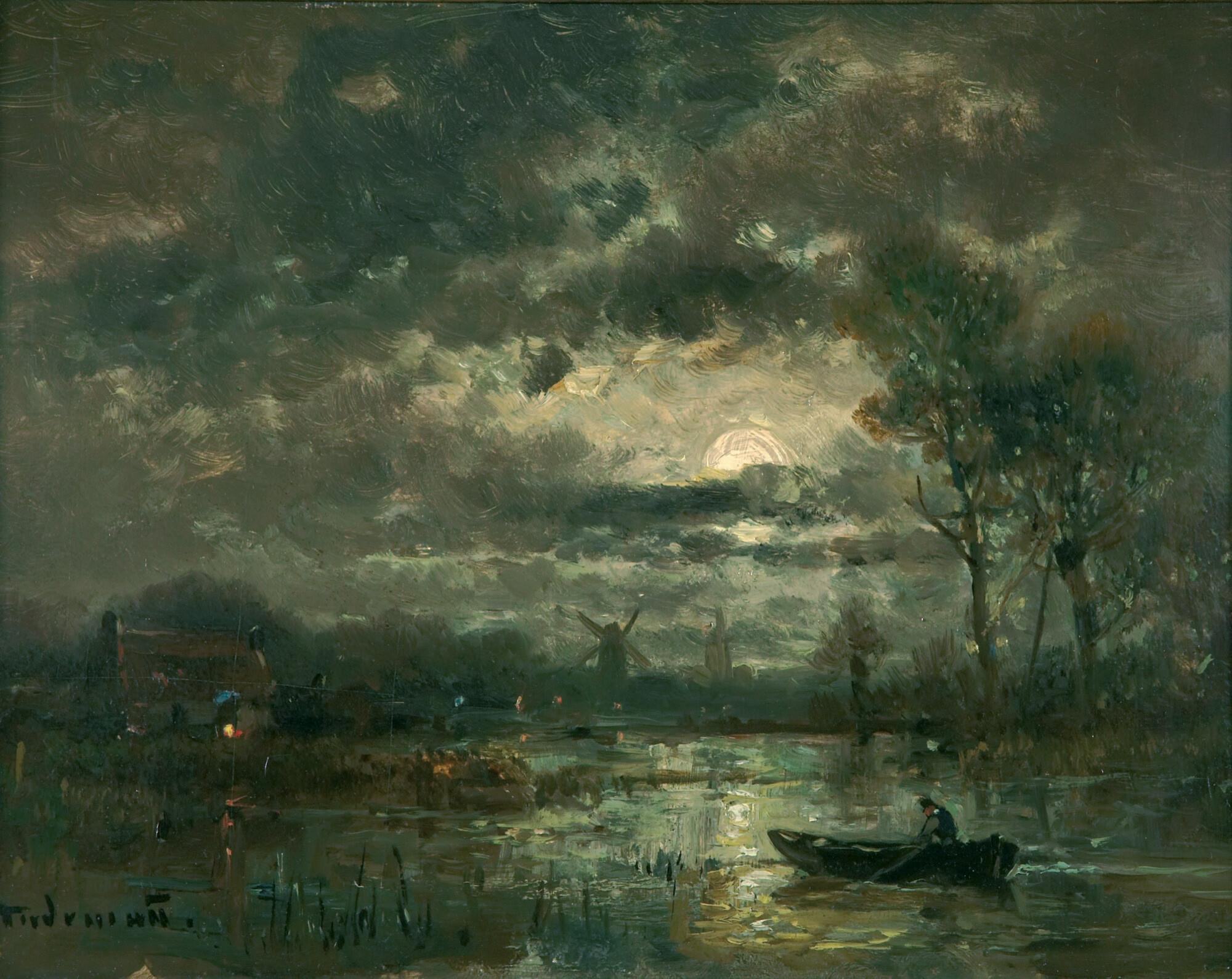 Adolf Stademann - Holländische Seelandschaft bei Mondschein.