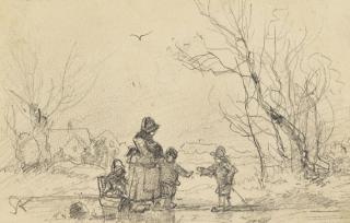 Adolf Stademann - Schlittschuh laufende Kinder am See