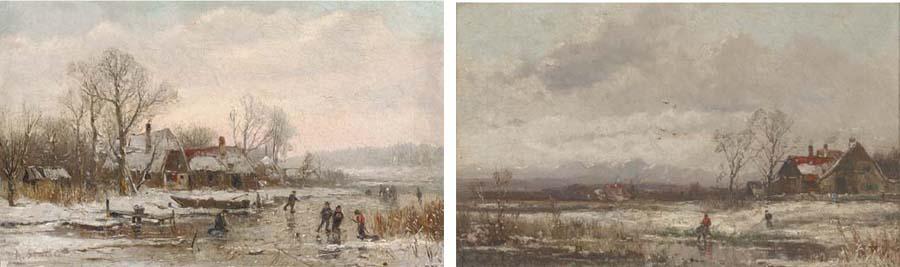 Adolf Stademann - Skaters In A Winter Landscape; Crossing A River In A Winter Landscape