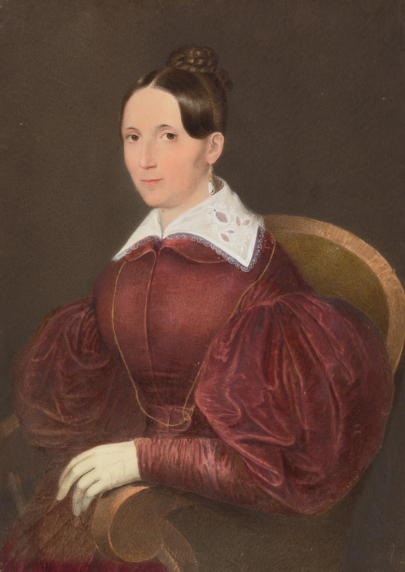 Adolf Theer - Bildnis einer jungen Dame, in einem Biedermeiersessel sitzend.