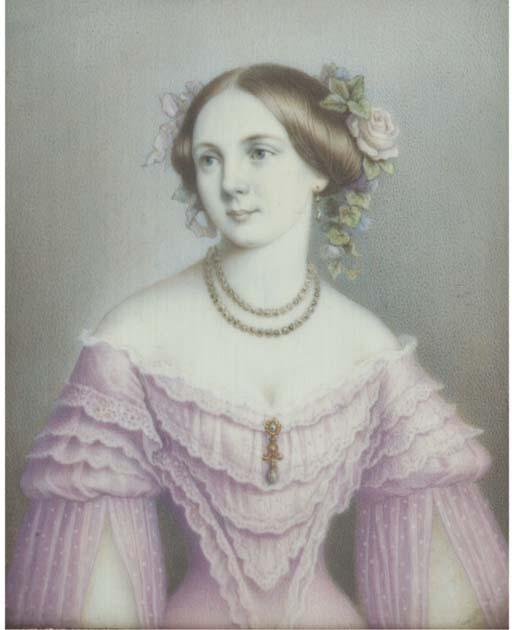 Adolf Theer - Luise Neumann, in lace-bordered pale purple dress with ruffled bodice and spotted split sleeves, drop pearl pendant pinned at corsage, double strand pearl necklace, drop pearl earring, pink roses and foliage in her upswept brown hair