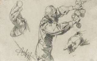 Adolph Friedrich Erdmann Menzel - Man Picking Fruit, With Hand Studies
