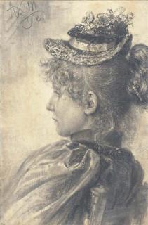Adolph Friedrich von Menzel - Portrait of a girl in profile to the left, bust-length, wearing a straw hat